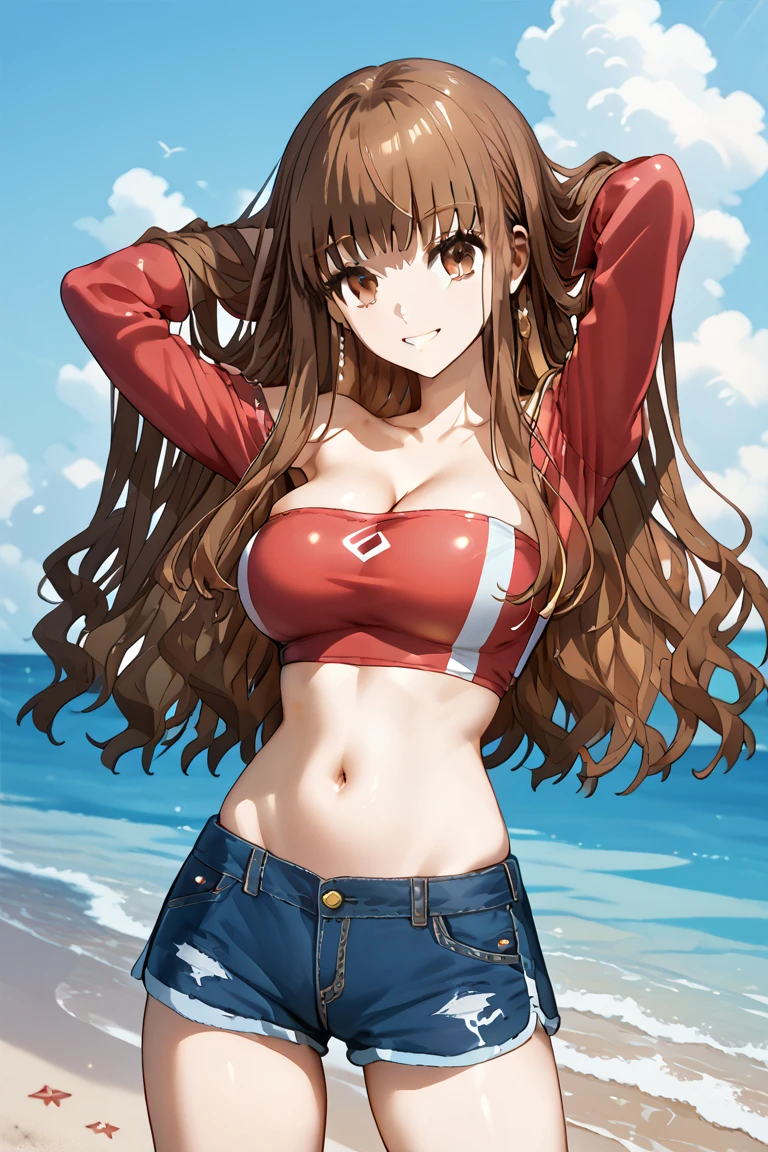 Brown long hair, f-cup, bikini, jeans, (blushing face:1.5), (sweaty:1.3), smiling, cowboy shot