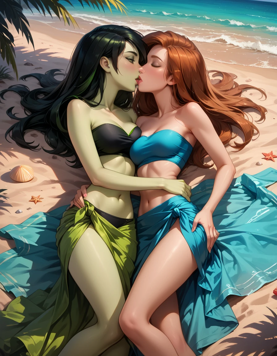 score_9, score_8_up, score_7_up, shaded BREAK 1futanari and 1girl, futanari Bonnie having sex with Shego, red hair, shiny black eyes, white skin, thick black slave collar around neck, long hair, black hair, red eyes, white skin, long hair, v-shaped eyebrows, smug, looking at viewer, topless, bottomless, fully naked, fully nude, girl bouncing on futanari's lap, squirting liquid, penetration from behind, huge penis penetrating vagina from behind, sex scene, vagina spread by huge penis from behind girl, vagina leaking liquid, blushing, screaming from ecstasy, tongue out, eyes looking up in climax, hand squeezing breast, fingers squeezing breast, fingers teasing nipple, pulling nipple, bodies touching, large breasts, huge breasts, round full breasts, super thin waist, heart shaped hips, kissing, Bonnie's penis penetrating Shego's vagina, Shego straddling Bonnie while being penetrated, sexual intercourse, sensual scene, outdoors, sunset, balcony