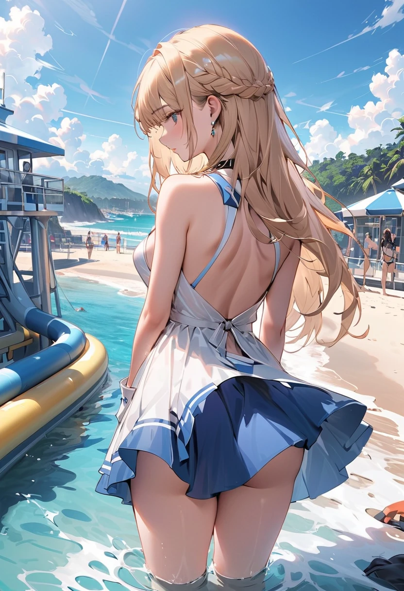 sandy beach、Asahi、big butt、 (alone:1.5,)Super detailed,bright colors, very beautiful detailed anime face and eyes, look straight, ;shiny_skin,girl, ((White long hair,Inner color is red )、forehead is exposed.、、shiny hair, delicate beautiful face, blush、(turquoise eyes), White skin, Valletta, earrings,、、、red check mini skirt、twin tails、cheerful pose、dynamic