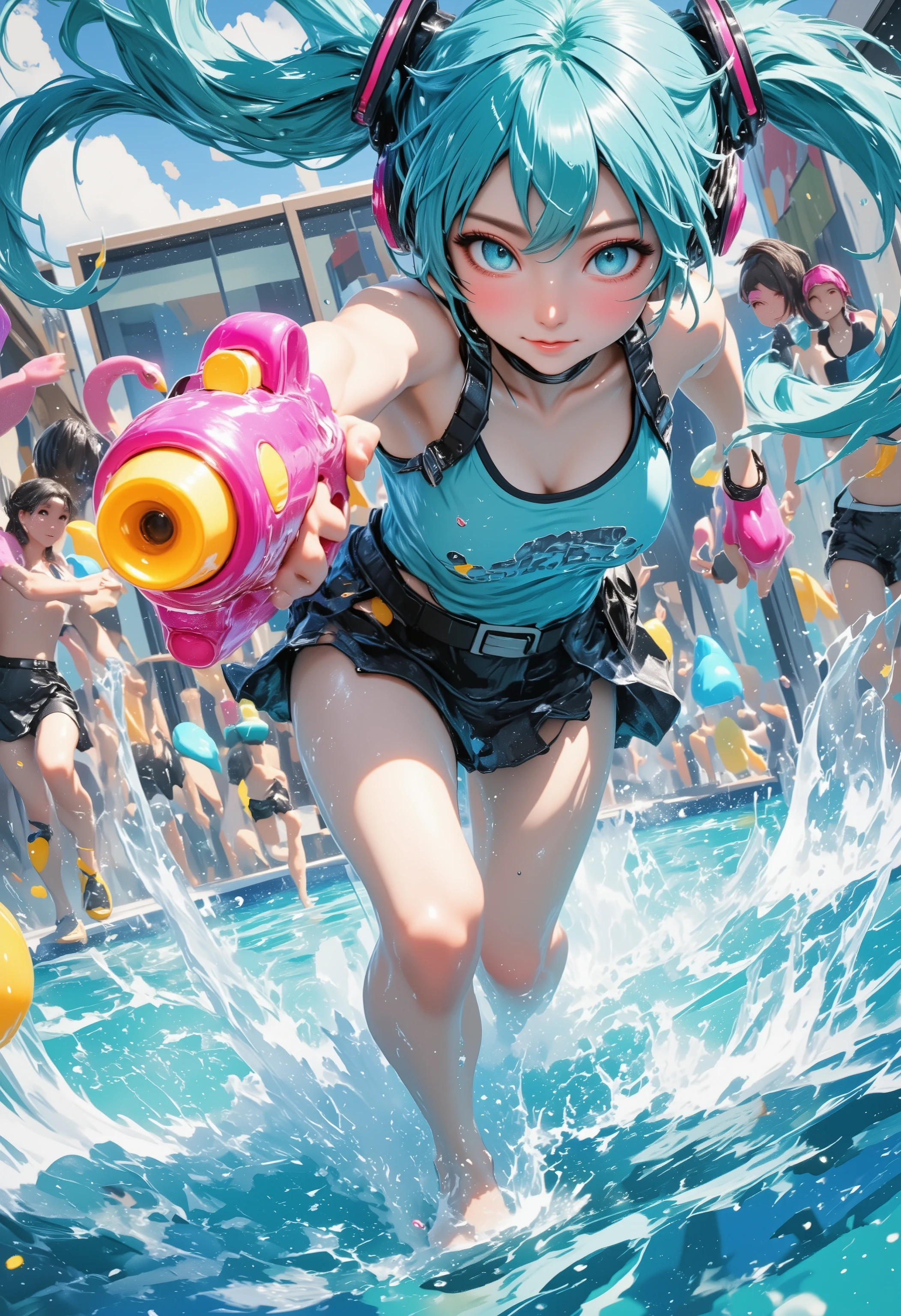 【Water Gun Frenzy】Hatsune Miku wielding neon pink squirt gun sprinting in shallow pool, translucent water stream arcing toward camera with refractive droplets. Strap of rashguard sliding down arm during motion, micro water trails flicking from damp hair tips. Background s dodging water jets, inflatable flamingo wobbling from impact. Close-up focus on trigger mechanism activation, ground splash showing wave propagation physics. Wet skin specular highlights revealing texture under harsh sunlight. Freeze-frame shot with motion blur on limbs, backlight creating golden rim light on spray mist, distorted reflection in vending machine glass.