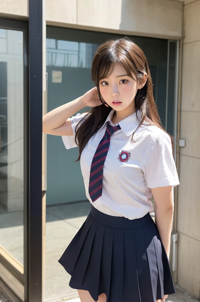 ((school uniform)),ribbon at neck,(school uniform and ((Plaid navy skirt)) and white shirt:1.1), Skin color, big , smile, (8k, RAW Photos, Highest quality, masterpiece:1.2), masterpiece, super detailed, super high quality, (Realistic and Realistic photography:1. 37), High-resolution RAW color photos, Very delicate and beautiful, highly detailed, 8k壁紙, wonderful, detailed, Very eye, very detailed, very detailed skin, very thin fingers, very detailed nose, very detailed mouth, Perfect Anatomy, Upper Body, studio, Soft lighting, A full-body shot of a cute idol wearing a one-piece swimsuit, Playful pose, Hands on hips, smile, Pastel Background, Realistic, Attention to detail, studio photography