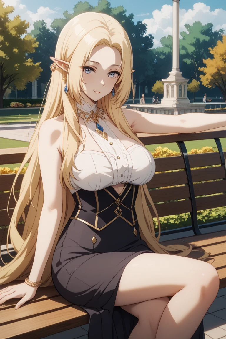 tall body, tall, long legs, mature female, mature, adult, simple background
eft_eminence_elf, 1girl, long hair, solo, blonde hair, very long hair, dress, smile, blue eyes, looking at viewer, pointy ears, standing, window, black dress, bracelet, jewelry, indoors, breasts, closed mouth, elf