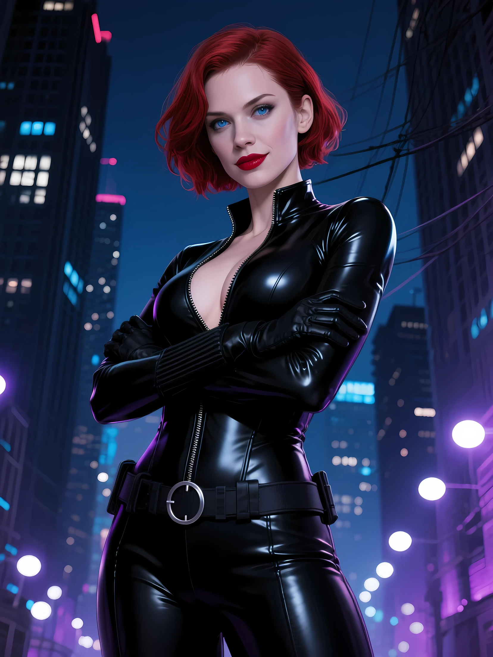 (best quality,ultra-detailed,realistic:1.37),portrait,beautiful detailed eyes,beautiful detailed lips,sexy gaze,dark atmosphere,metallic texture,shiny armor,reflective surfaces,bobcut hairstyle,futuristic fashion,leather jacket,black clothing,urban setting,city street scene,night time,neon lights,grimy alleyways,motorcycle,assassin,deadly weapon,confident stance. red hair