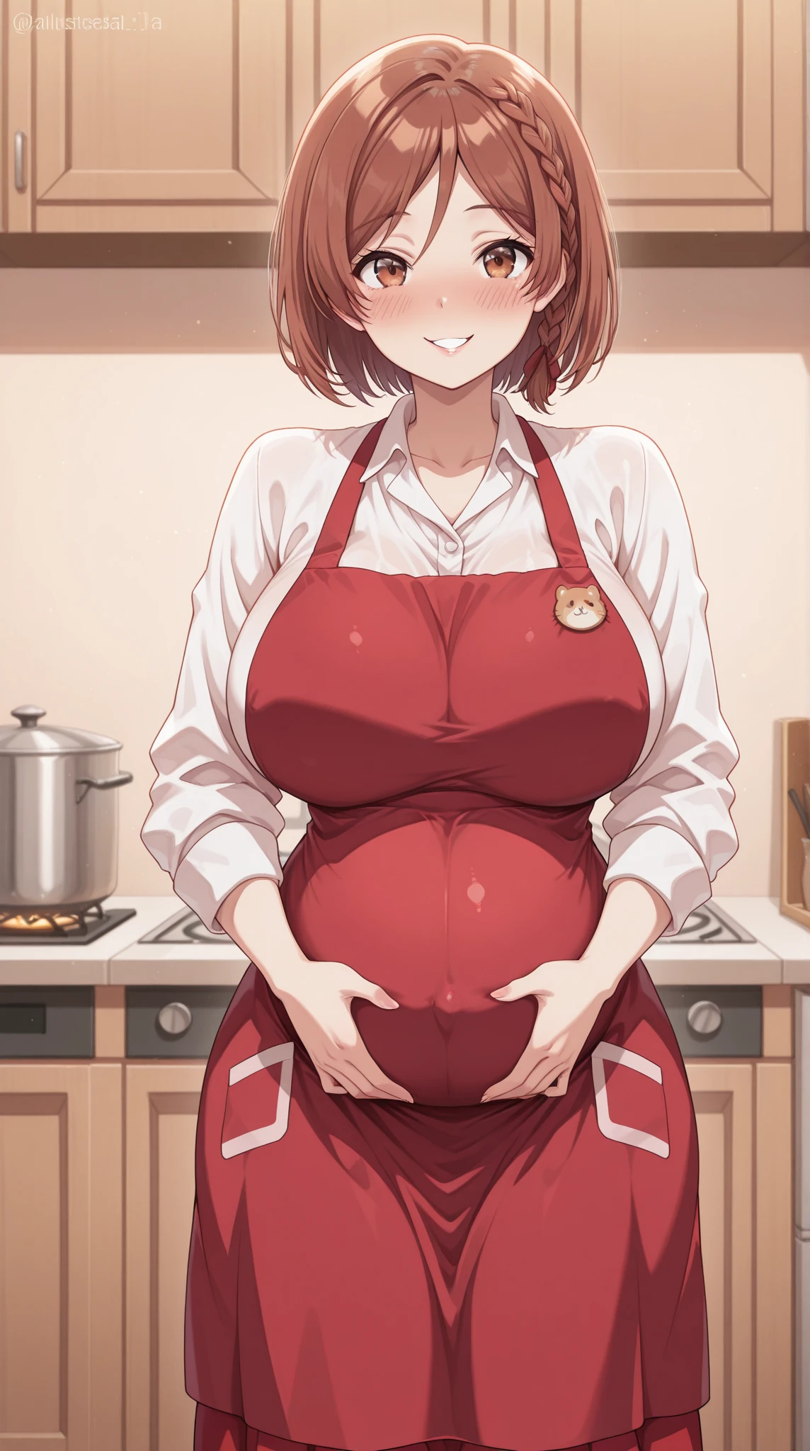 masterpiece, best quality, highres, aakikyo, short hair, hair intakes, white hairband, pink dress, pregnant, wedding ring, kitchen, cooking, looking at viewer,