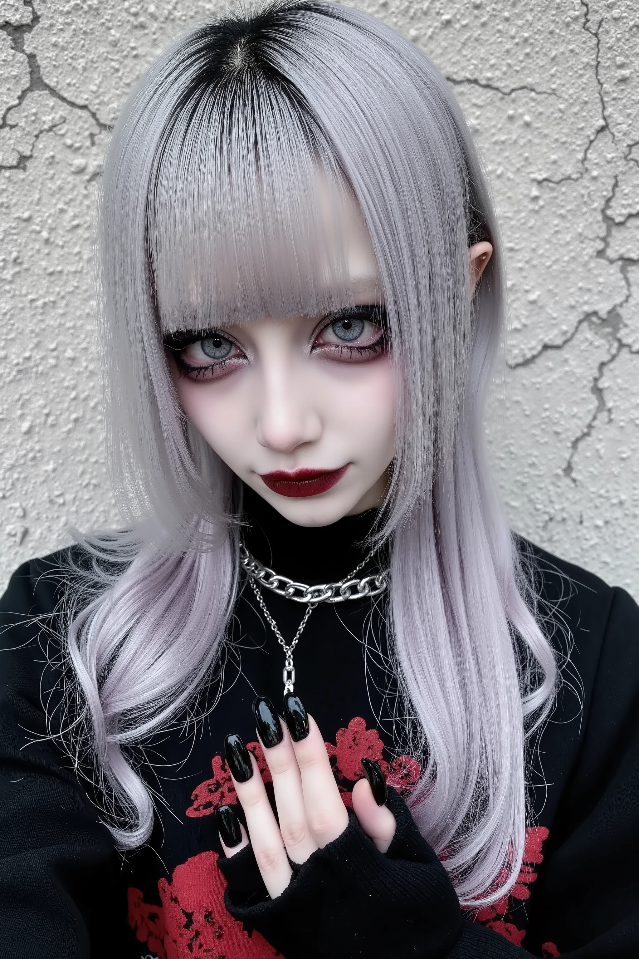 1girl,bangs,artist photoshoot,black nails,silver hair,strait long hair,bangs,blood,chain,fingernails,grey eyes,punk girl,horror \(theme\),boyish girl,long sleeves,looking at viewer,face focus,nail polish,short hair,solo,upper body,crack background