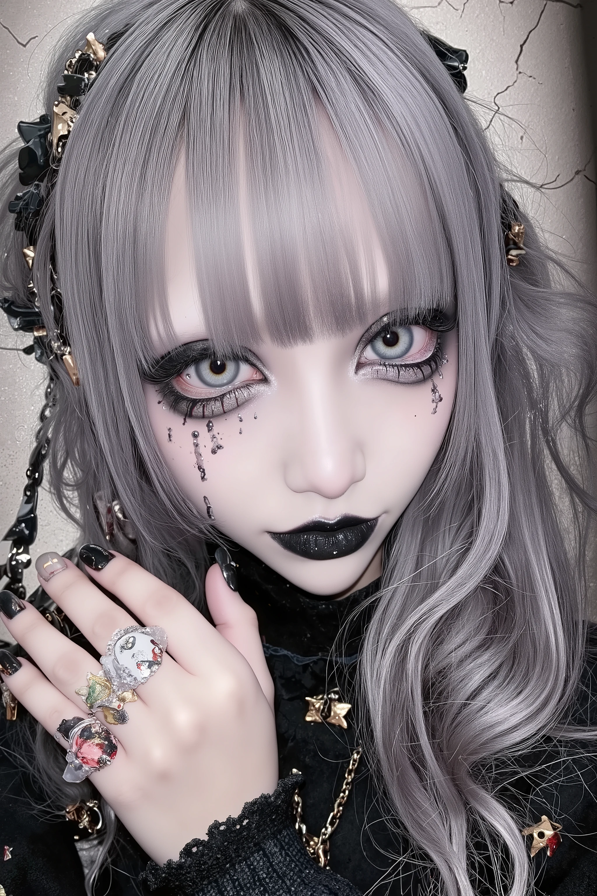 1girl,bangs,artist photoshoot,black nails,silver hair,strait long hair,bangs,blood,chain,fingernails,grey eyes,punk girl,horror \(theme\),boyish girl,long sleeves,looking at viewer,face focus,nail polish,short hair,solo,upper body,crack background