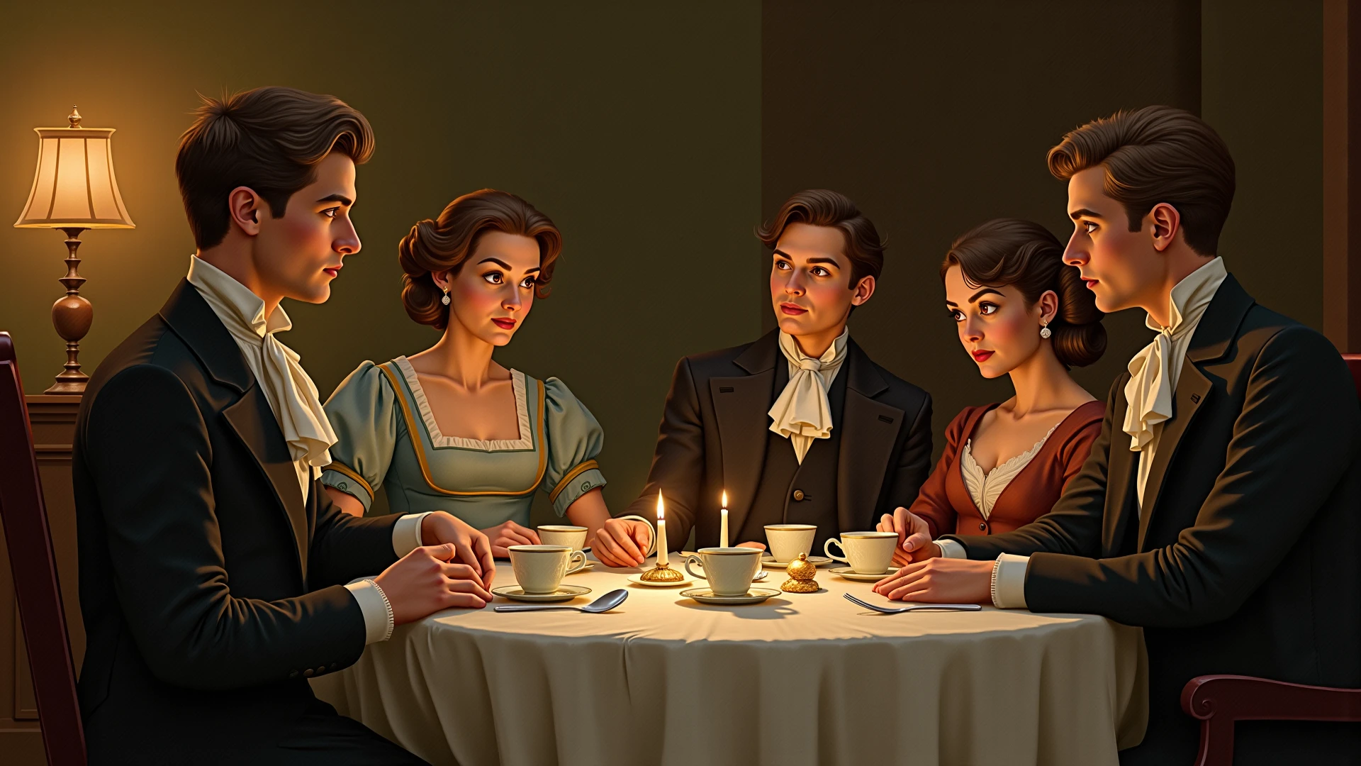 Four people sitting in a classic restaurant, where two of them are twin brothers, both white hair and black eyes, tall, Handsome. This other girl with a long black tail, thin and white. Finally this other slim girl with long curly orange hair and brown eyes. All dressed in period costumes, as they are in 1824.