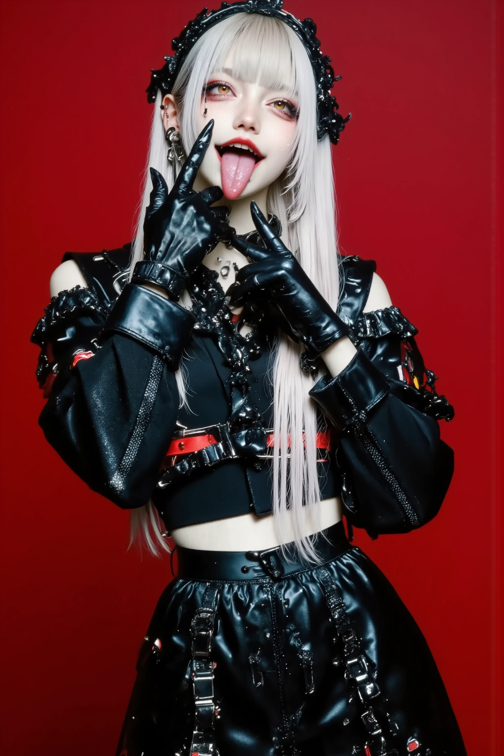 1girl,black gloves,black skirt,cowboy shot,crop top,cropped jacket,gloves,holding,jacket,leather,lipstick,long hair,long sleeves,looking at viewer,makeup,midriff,red background,red lips,skirt,smile,solo,standing,tongue,tongue out,traditional media,white hair