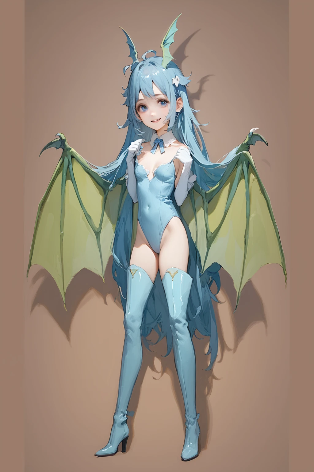 ((Highest quality、unity 8k wallpaper、32k、masterpiece、Very detailed、Ultra-high resolution、Ultra-high resolution、 Very detailedな顔, RAW Photos, Professional, Ultra-fine painting, Anatomically Correct Dragon Girl)) Yui Kotegawa transforms into a Blue Dragon,  kotegawayui, long hair, Yellow Eyes, ((Reptile Eyeouth with sharp fangs,、(((Impressive lizard tail extending from tailbone))) 、(((Giant blue bat wings growing from the shoulder blades on his back)))、((Dragon legs with sharp claws、Covered in fine scales from the toes to the thighs、Covered in fine blue scales from fingertips to shoulders、Long nails on the fingertips))、Nipples are fully visible、(The boundary between the scales and the skin is unclear)、((A small fin on the spine that continues to the tail))、