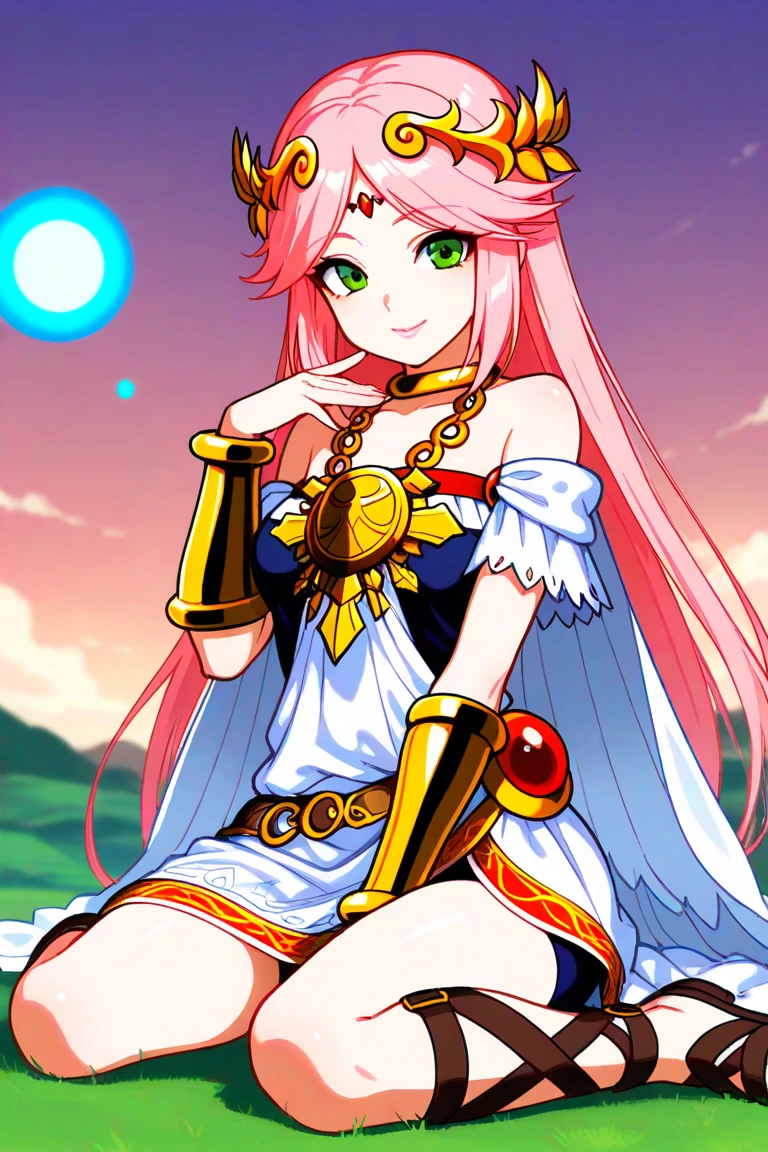 melhor qualidade, master piece, Altas, sozinho, {Circe_FGO:1.15}, pontudo_Ouvidos, Rosa_Hair, Head_Asas, Asas, franja, feemhered_Asas, Longas_Hair, jewelry, sorrir, seios, colar, corar, pequeno_seios, multicolorido_olho, 1girl, Olhando_em_visualizador, _Background Story