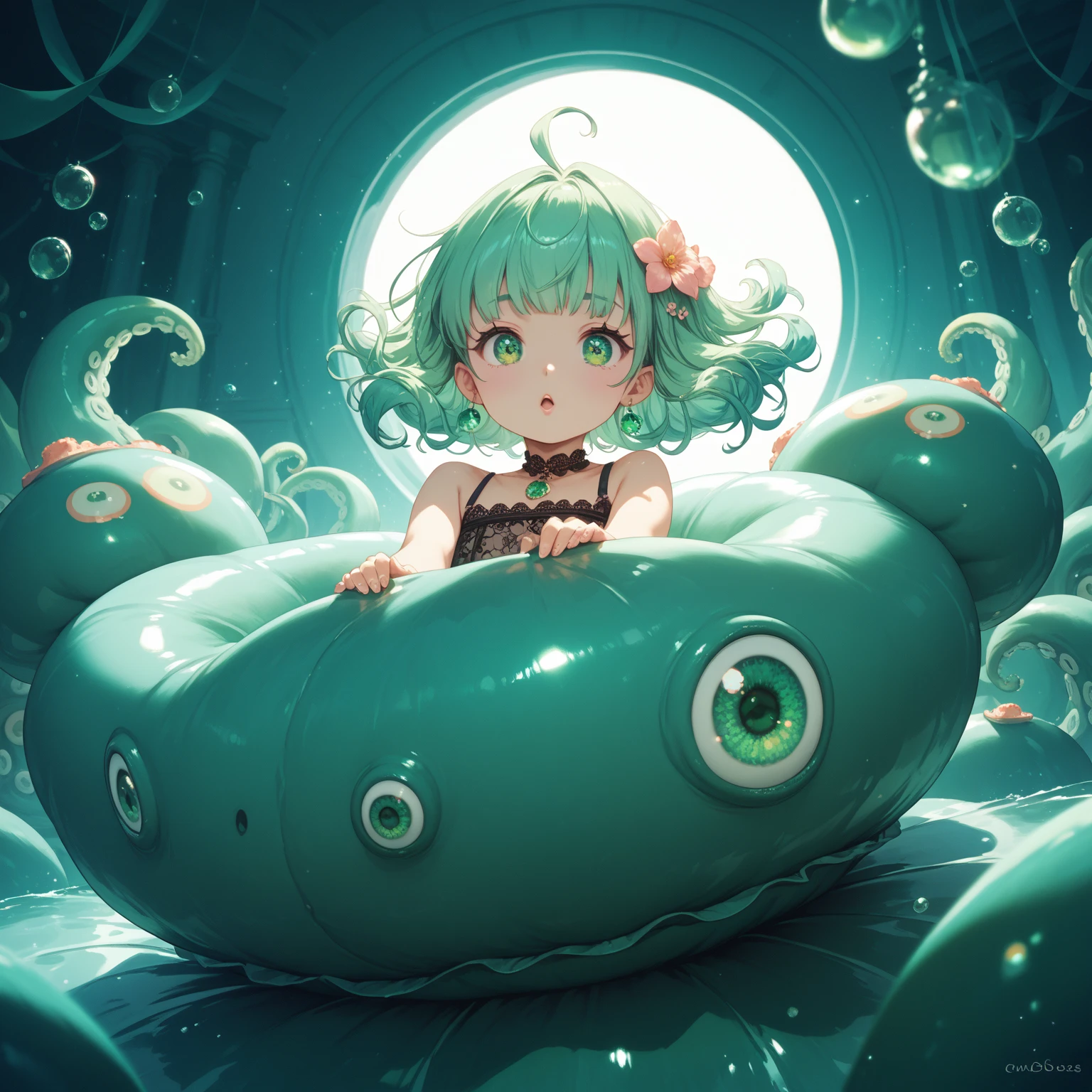 (Cthulhu), cute, comical, Round eyes, smile, Soft tentacles, Pastel colors, Small Wings, fun, For kids, Fantasy, soft, Cute monster, Bright colors