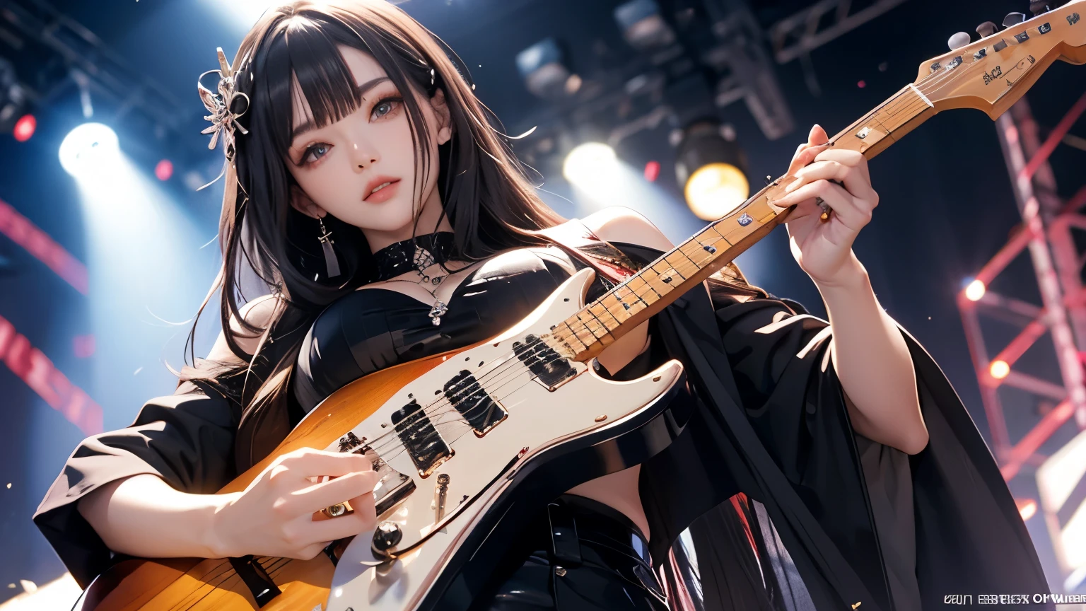 「Characters dressed in rock band-style outfits、A scene of her doing the "Corna" pose with both hands。The character's face is funky、He sticks out his tongue as if he has already decided on his medicine.。Stylish and edgy design like Han Juri、The background should be energetic and bring out the live feel of rock music.。」