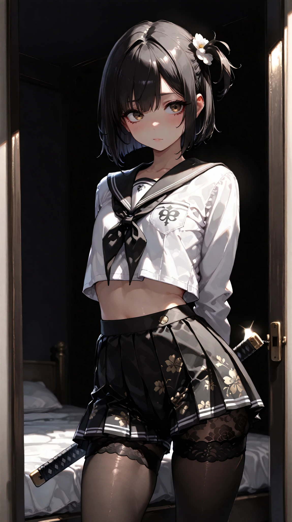 A age male with very white skin, black hair with blue streaks on one side and a tender face wearing a white shirt that reaches his abdomen, wearing a black skirt and big thighs.