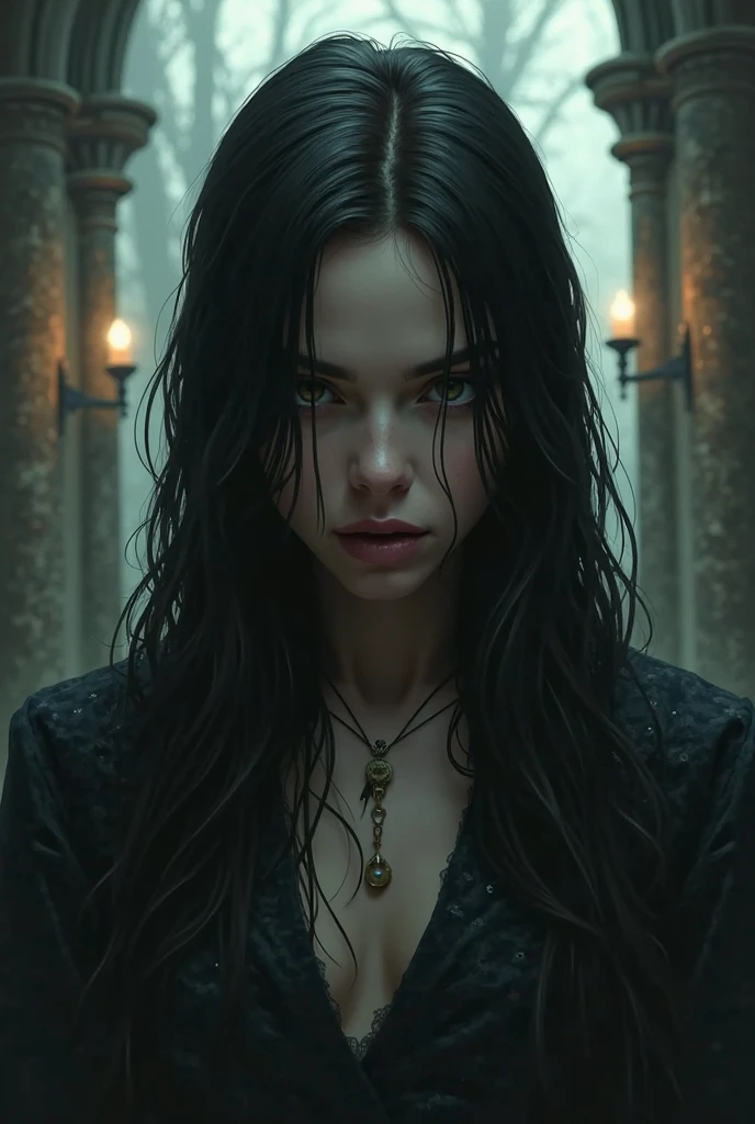 (masterpiece, absurdres, highres, ultra detailed), 1woman, wavy dark hair, adult, hazel eyes, focus,handsome face, yennefer the witcher, charming, detailed eyes and face, angry expression, sky background, looks like Kaya Scodelario, ghostly ethereal look