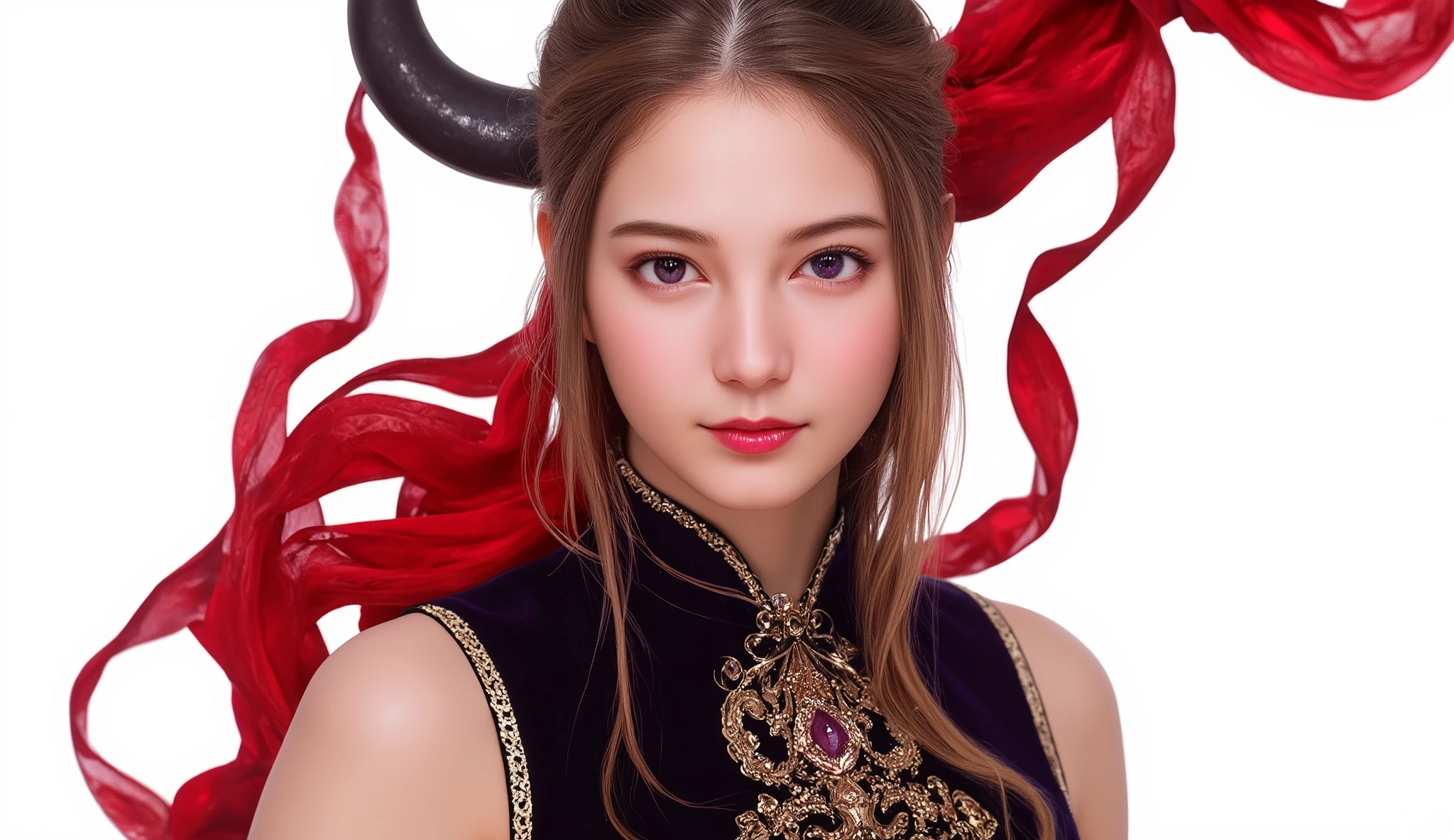 Genna Lannister is an enigmatic woman,shows her wearing a smooth and delicate costume,includes an elegant and luxurious brooch,adorned with brilliant gold embroidery,dazzling red velvet Wearing,elegantly draped in dark layers。vibrant and confident style,her golden hair dazzles,bright purple eyes full of wisdom and drama。bright purple eyes full of wisdom and drama,gentle and vibrant。white background。Wealthy yet intimate,exudes charm and refinement,Medieval Fantasy,Noble