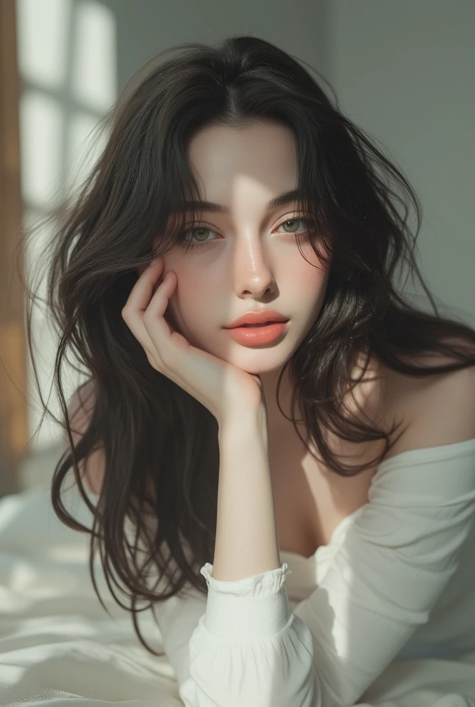 There is a woman with long black hair holding a lipstick in her mouth, pale skin persian girl, anna nikonova aka new milkmaid, anastasia ovchinnikova, young arab monica belluci, pelo negro y ojos grandes, yelena belova, con pelo largo y ojos penetrantes, mujer joven con cabello largo y oscuro, mujer con pelo largo y negro