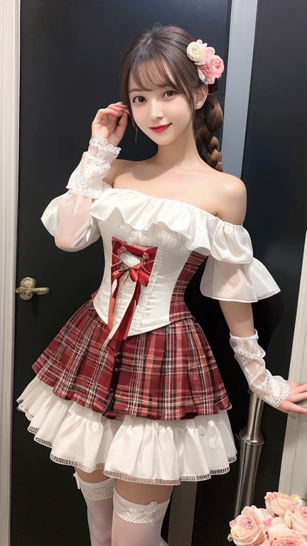 (Masterpiece, Best quality, Masterpiece,Best quality,offcial art, 8K wallpapers), Girl,chiquita,with long hair in takes, Pink hair, Wavy hair, Small breasts,(Dynamic color Lolita costume), Bare legs, Skirt lift,European restaurant,candlestick,wall,tableware, (Skin with the highest level of detail: 1,2), (The highest level of detail in the dial:1.2), Front lighting, natta, warm white light, looks into camera,