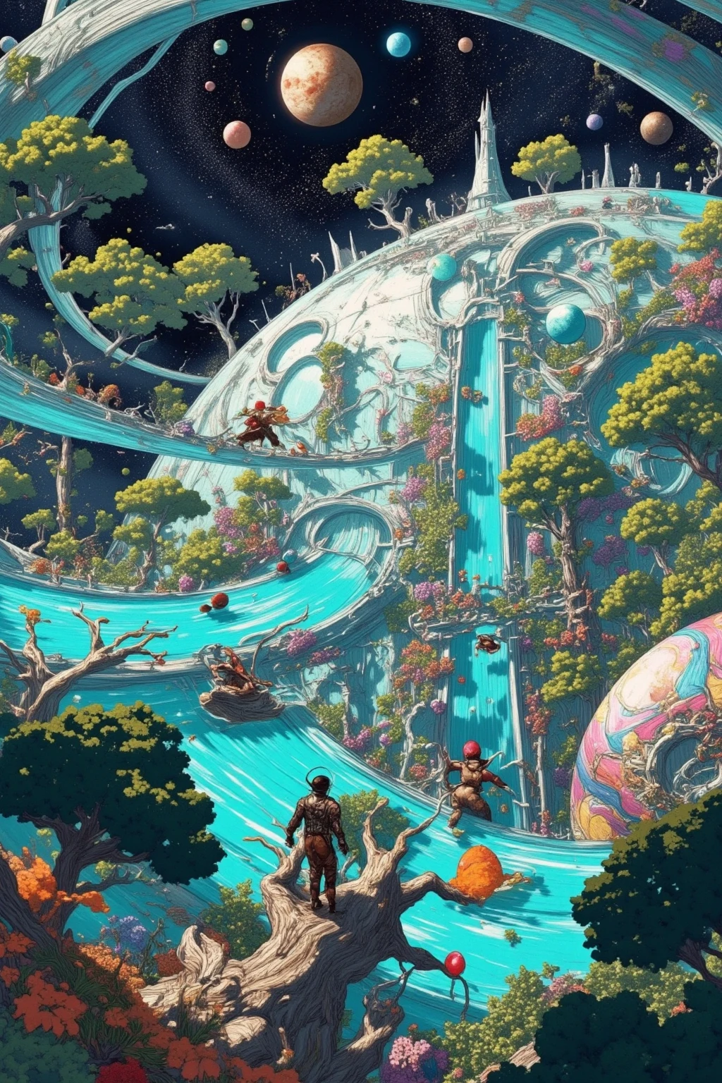 A domed water park that travels between the planets in space、Wearing a space suit、TREE SLIDE、attractions、photographic realism、extreme detail、professional、vivid colors、Bokeh、Planet Exploration 、no gravity、GLASS CAPSULE、SMOOTH AQUA、Reflections、neon light、demonstrating technology、SFfantasy、fantasy、Studio Writing、Highest Quality、masterpiece、4K、HDR、