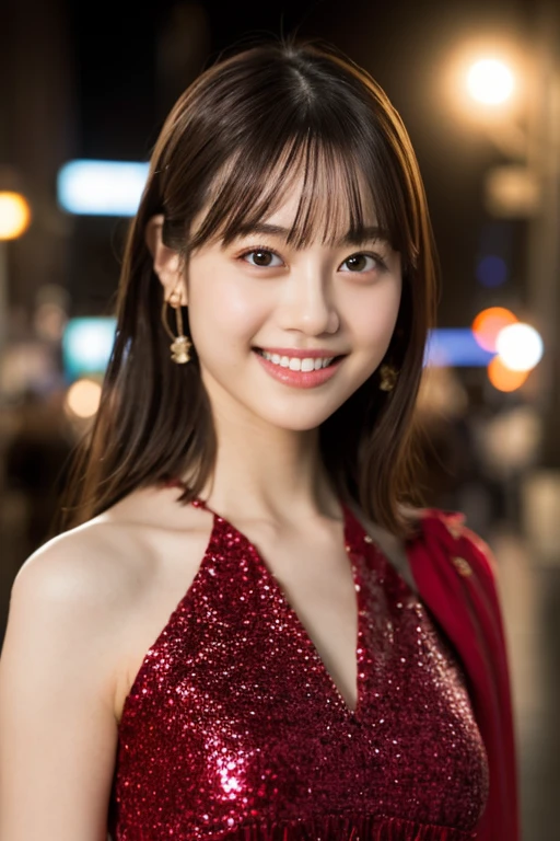 1girl,(wearing a red sleeveless glittery dress:1.2),(RAW photo, best quality), (realistic, photo-realistic:1.4), masterpiece, an extremely delicate and beautiful, extremely detailed, 2k wallpaper, Amazing, finely detail, extremely detailed CG unity 8k wallpaper, ultra-detailed, highres, soft light, beautiful detailed girl, extremely detailed eyes and face, beautiful detailed nose, beautiful detailed eyes,cinematic lighting,city lights at night,perfect anatomy,slender body,smiling, <lora:kimurahazuki_lora:0.8>,((flat chest))