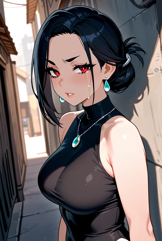 Sexy and cute woman, black braided hair, intense soft gaze, seductive smile, lustful look, simple outfit, pinned against a wall, hugging tight, bedroom, sexy, seductive