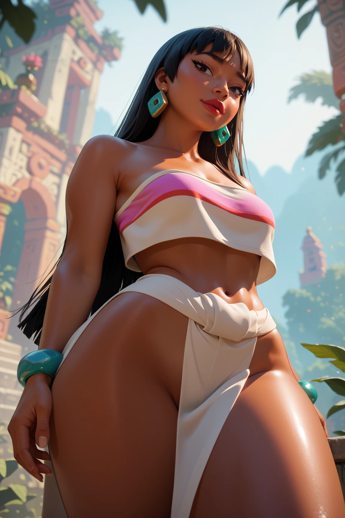 Chel ,the road to el dorado, imagen de body completo 1.2 slender big and well defined breasts, body, average height, long black hair, voluminous and red lips, Brown eyes, Wide hips and thin waist, Typical loincloth of pre-Hispanic cultures , gemstone bracelets and necklaces, BROWN SKIN ,indigenous traits, tropical jungles and brown structures