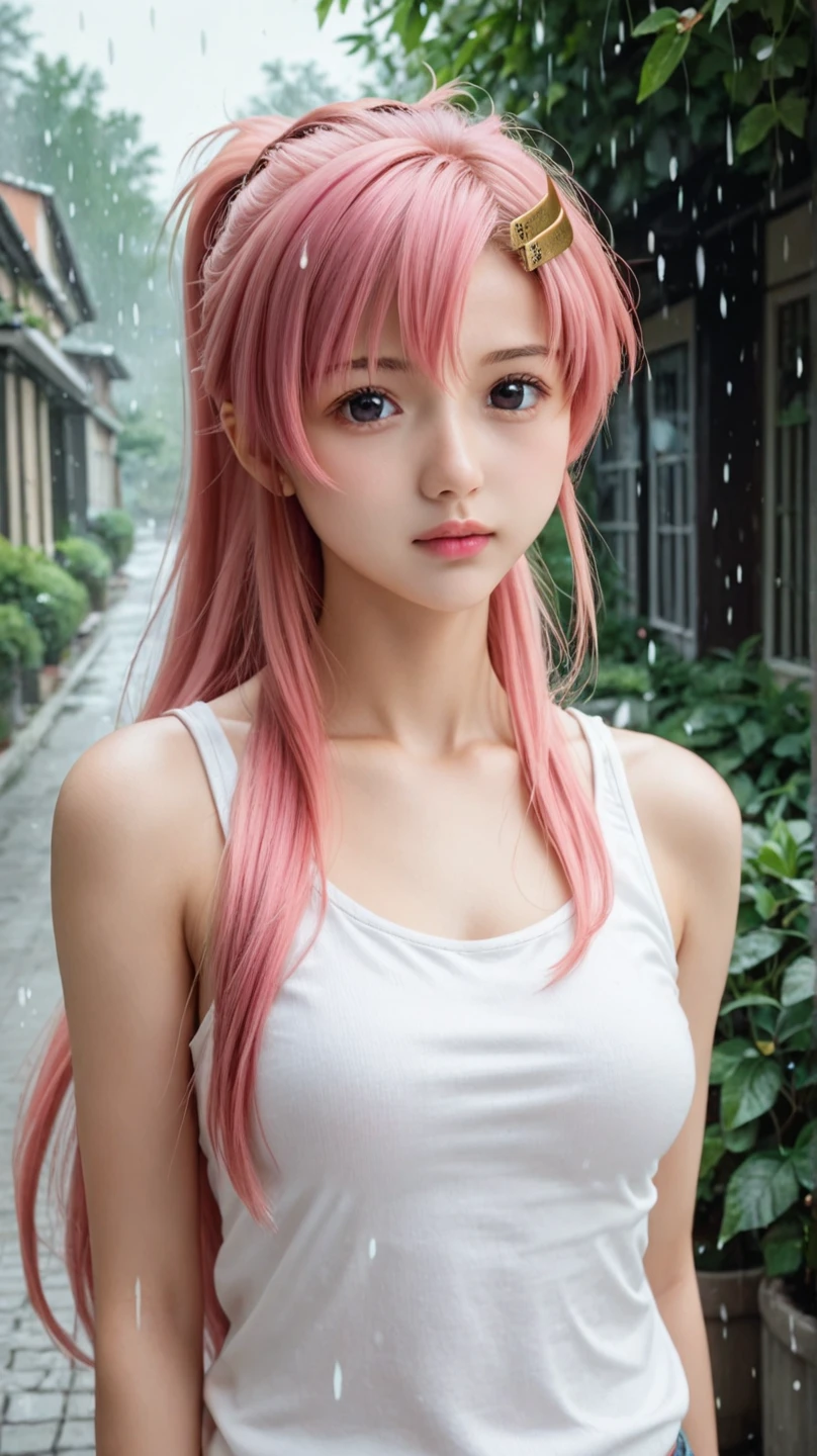 masterpiece,High resolution,Highest quality,In the grassland, (Portrait), Upper body photo, Butterfly Hair Ornament、Cute Face,((Facing forward))、Pink Hair、((Shooting from the front:1.5)), ((Tight camisole:1.5)), ((Big Breasts:1.3)), See-through nipples