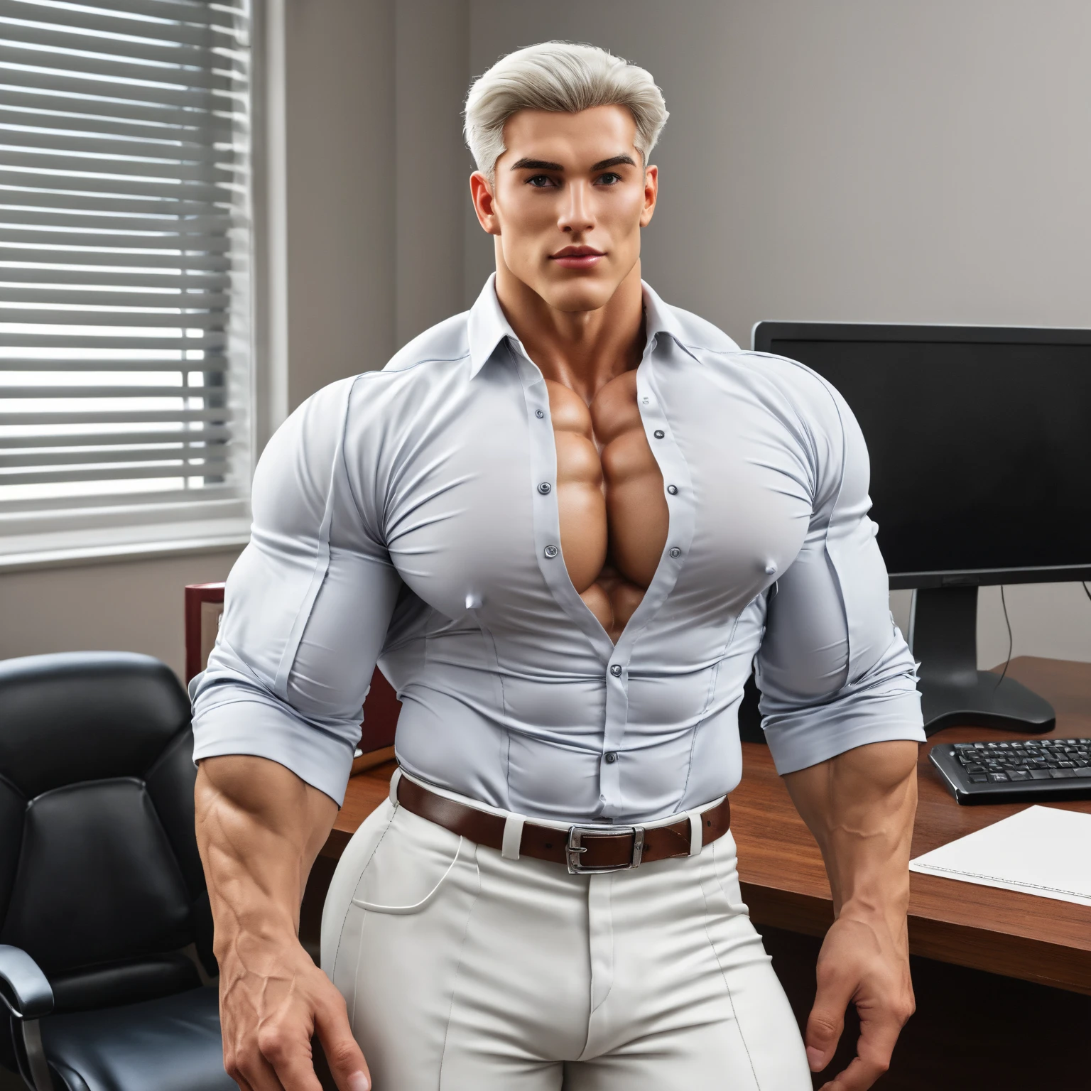 handsome muscular man with straight white hair and blue eyes, and a beautiful young man 18 years old perfect build, round soft buttocks, he has elf ears, bare torso, tight clothes, masculine, defined eyes, naked, bare torso, bare chest, pecs, defined details, 4k, maximum resolution, full hd, high quality