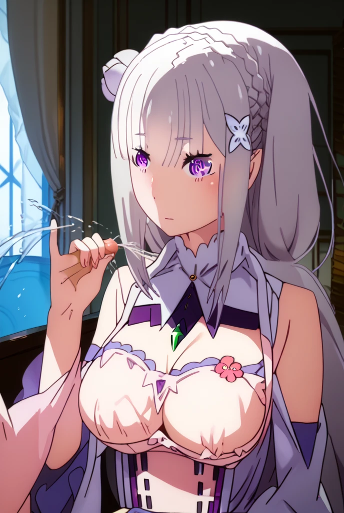 (suggestive:1.3),(corruption),1girl,(japanese clothes),holding ((popsicle)) melting,dripping,white hair,purple eyes,blush,upper body,(ahegao:1.1),(naughty face),collarbone,trembling,sweat,sweatdrop,heart,skindentation, (crazy:1.3),(speed lines),sun, outdoors