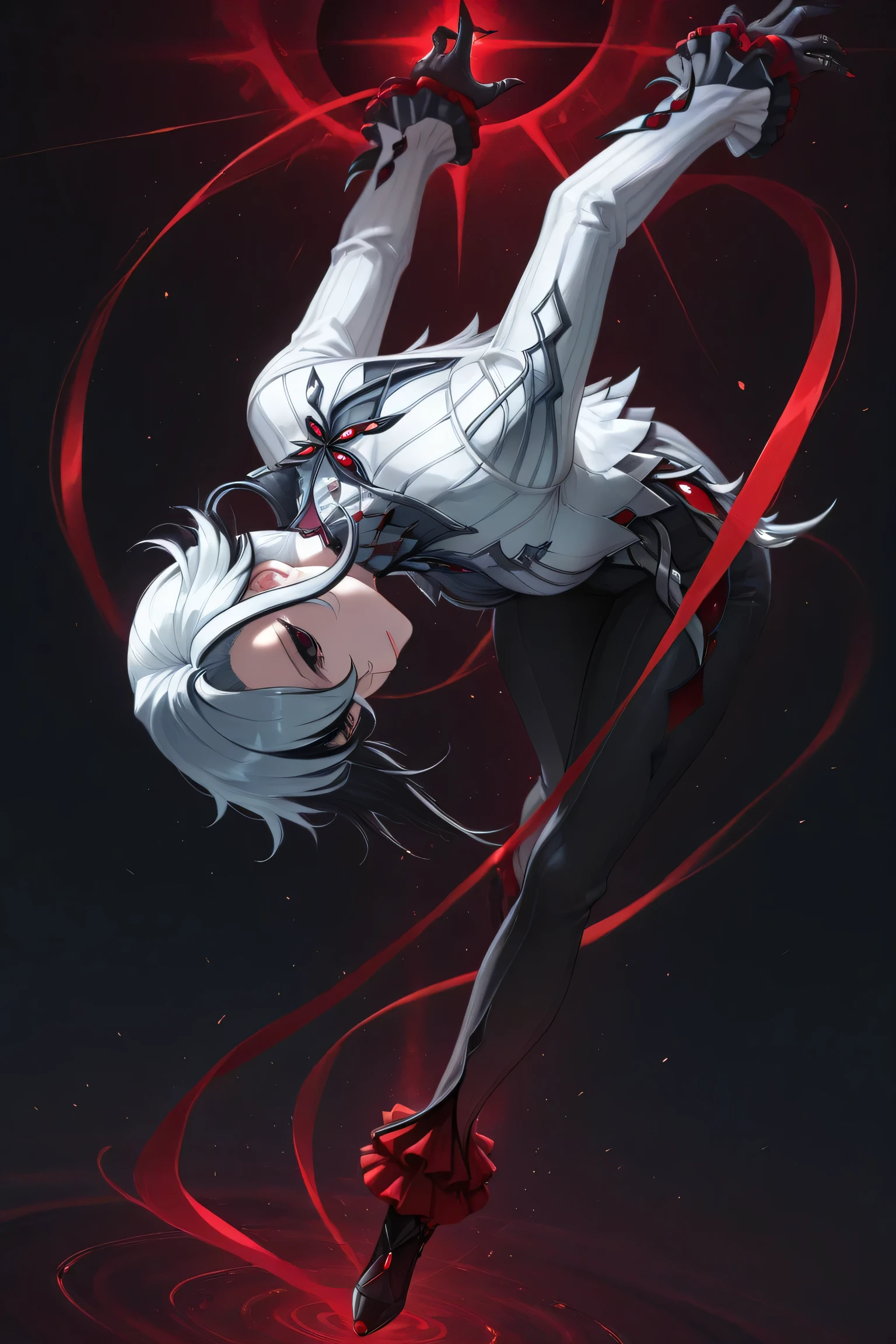 arlecchino, dynamic pose, dynamic head tilt, dynamic looking back, amazing background, floating in the air, upside down world, gravityless_pose, weightless, impossible pose, surreal, gravity-defying, dynamic lighting, ethereal atmosphere, intricate details, masterpiece, best quality