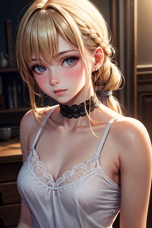 (best quality: 1.4), high resolution, masterpiece, 4k, ultra detailed, very beautiful girl masterpiece, sexy blonde, long hair, ponytail, blue eyes, expressive eyes, detailed skin, realistic skin texture, texture, detailed eyes, beautiful woman, lilac bra, lilac lace panties,