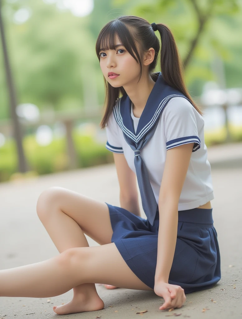 Girl in sailor suit squatting, white panties visible