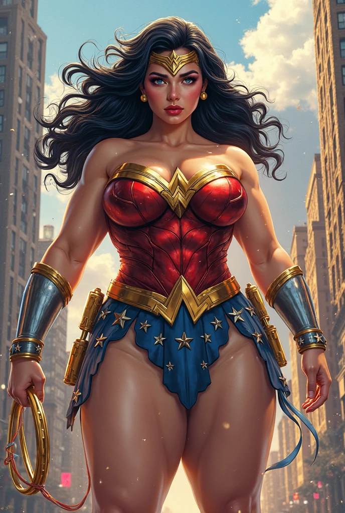 diana,black hair,blue eyes,
tiara,red top,cleavage,armored bands,sleeveless,thight blue underwear,cameltoe,covered nipples,
standing,from below,
night,gotham city,looking at viewer,
(insanely detailed, masterpiece, best quality) solo,<lora:wonderwomanIJ:0.8>,