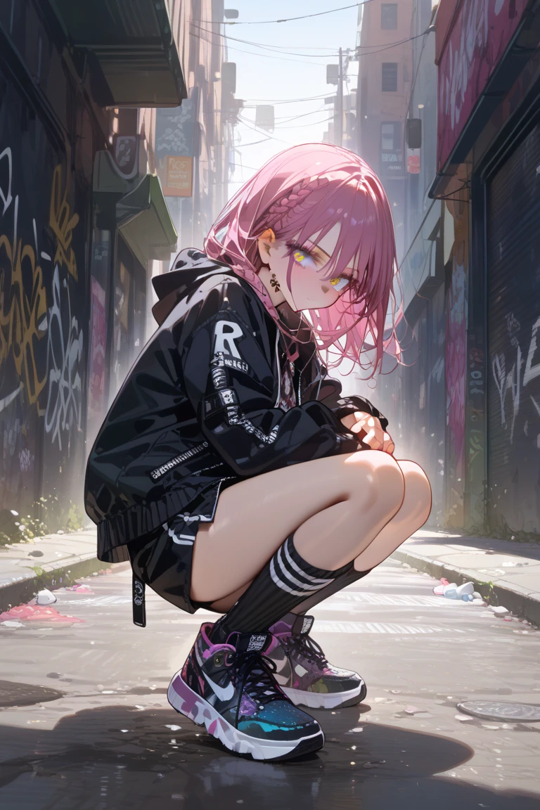 Esbian all over、One Girl、Empty、Cute eyes、Well-proportioned facial features、Kamimei、Red face、Black Mask+Black mask with veloout、(Highest quality、8K resolution、masterpiece:1.3)、Focus Section: 1.2、Delicate and beautiful body 1.4、is 1.2、golden short hair 1.2、Chest 1.2、Wet clothes 1.1、rain、Street 1.3、Bando Dress 1.1、Highly detailed skin texture、I narrowed my eyes.、double eyelid、Whitening skin、Shutdown 1.3、black open finger gloves、Black leather jacket and black leather shorts、Knee-high boots、White loose socks、Digital cyber punkアート、cyber punk、Wearing a hoodie、cyber punkアート、Clear bright blue eyes、Cleans the whites of the eyes。