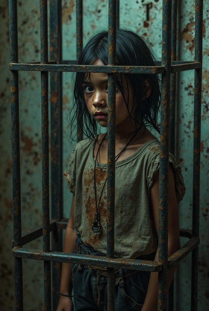 Caged and shackled children crying dressed in rags