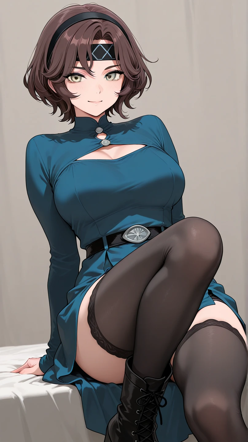 She wears a modern and sexy outfit.,Keep short hair,Has a delicate makeup,Thighs exposed,The shoulder slipped to one side,Large exposed shoulders,Showing off her charming collarbone and shoulders,Under the translucent coat,Revealing blue underwear。Wearing black high heels