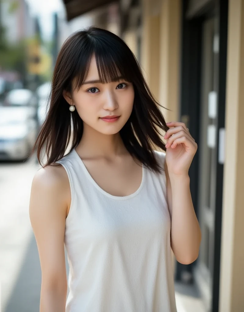 Masterpiece, High quality, High resolution, 8K, Skinny Japanese woman, 30 years old, cute face, detailed face, detailed eyes, small breasts, very thin waist, white tanktop, short skirt, full-body photo