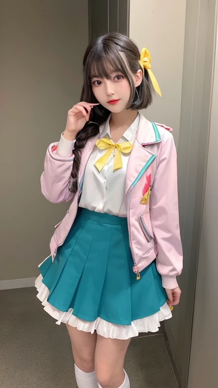 Cute Teen Idol Girl、whole body、Good style、、、、、、、、、、Thick legs、Fluorescent uniform(orange、purple、green、pink、)、、Cool girl face、、cyber belt