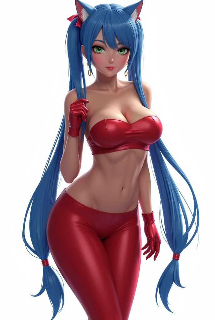 work of art, best qualityer, highest quallity, photorrealistic, Perfect Anatomia, face perfect, perfects eyes,
aqua hair, brabulladbgt, red hair band, red gloves, Red crop top, blue colored eyes, overskirt, hoop earings, choker, 1 girl, plein-air, pose sexy,glove on hands