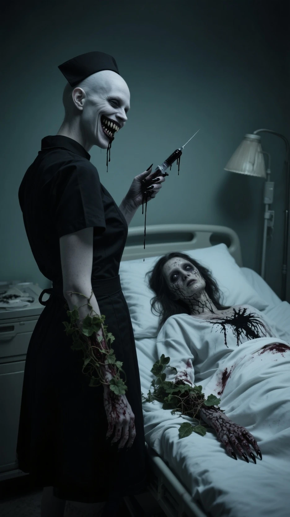 cinematic photo [parameters:  professional, 4k, highly detailed]
[location: graveyard cemetry coffin ]
[action: Anthropomorphic (woman:0.4:zombie:0.3) with demon_features]
[scene details 1: horror style bones and blood]
[scene details :  claws, fangs, organs]
[scene details 2: full moon, midnight] . . 35mm photograph, film, bokeh, professional, 4k, highly detailed