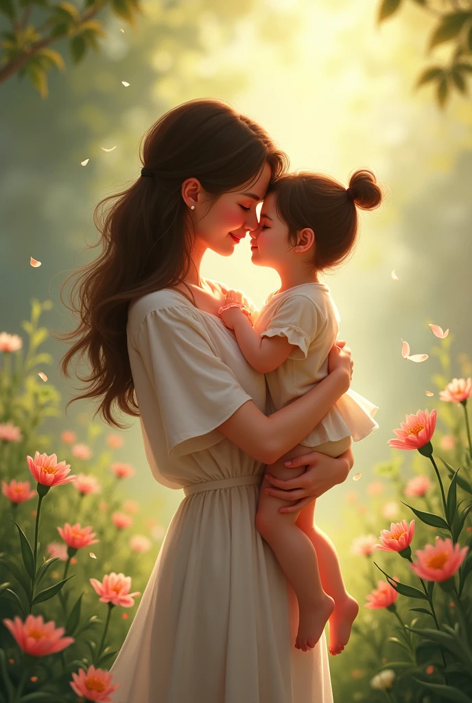 Mother hugging a newborn with a heart in the animated background