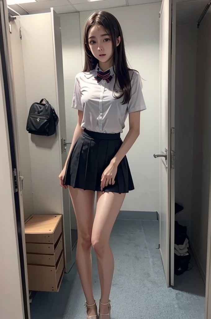 top-quality、masterpiece、1 little girl、A slender、length hair、small tits、Summer uniform、hyperdetailed face、Detailed eye、二重まぶた、pleatedskirt、knee high socks、full bodyesbian、Beautiful abs、a navel、Girl walking in school hallway、Black shoes