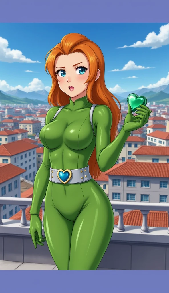 A Soviet military girl, tall, sexy, good, big breast, friendly, happy, long red hair, smooth, her gray eye, pink lip, she dresses in a green metallic top, a black patch, her chest, her waist, a yellow ribbon, and her pants, metallic green, big thigh, sensual big yellow boot, wearing a black Soviet winter cap, she is happy. hug his twins bad sister dark dictatorship villainous murderer