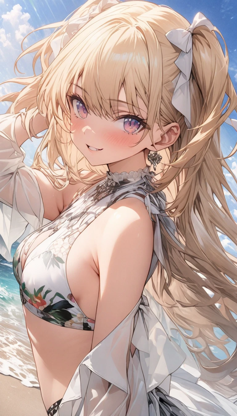 masterpiece, high quality,8k,High resolution,Detailed face,Sharp lines,Young girl,smile,Natural Makeup,Large breasts,Cleavage,Shiny Hair,bangs,Long Hair,Straight hair,blonde,ponytail,Sheer white crochet monokini,Cowboy Shot,Beach,Palm tree