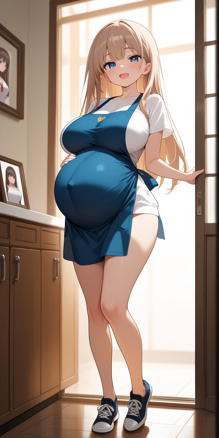 (Full body, glasses, detailed), An image of a pregnant girl with her belly on full display. She is a very voluptuous lady, she has a smug face