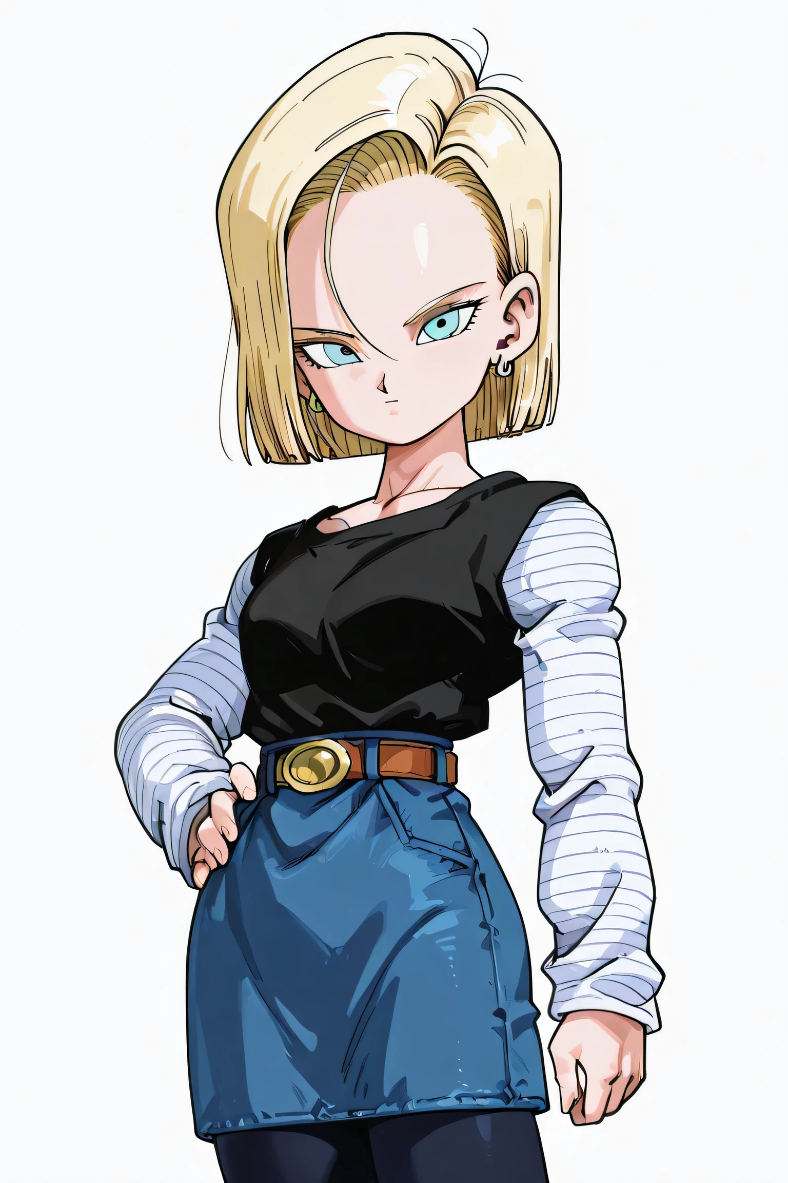 android 18, belt, hand on hip, looking at viewer, denim, white background, black shirt, short hair, denim skirt, solo, skirt, blonde hair, brown belt, blue eyes, striped sleeves, closed mouth, shirt, 1girl, earrings, simple background, jewelry, pantyhose, long sleeves