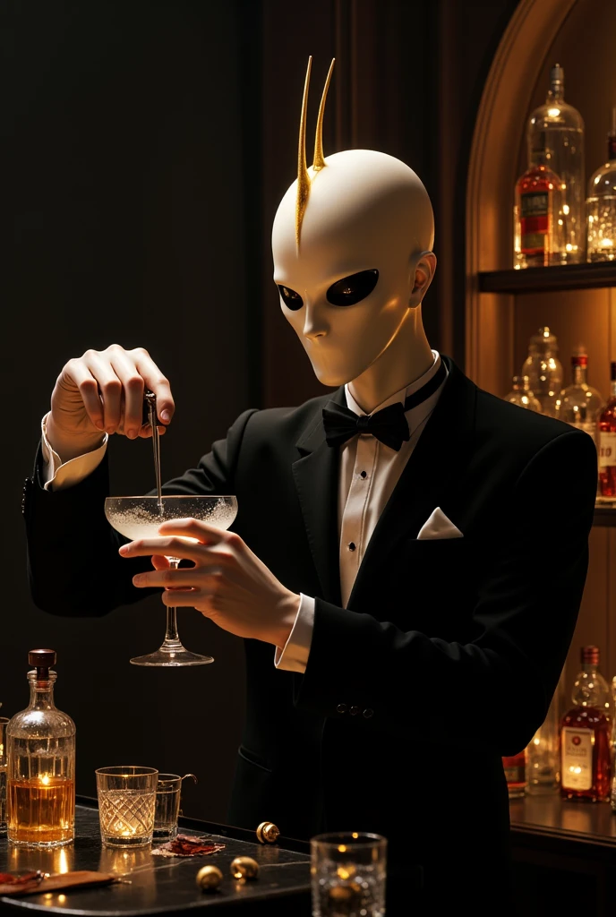 white suit, tie, bar, interior, grey alien, super skinny, super tiny, 30cm tall, elegant, seated, drink, futuristic, nightlife, urban, cocktail, neon lights, masterpiece, best quality, highly detailed, sharp focus, dynamic lighting, vivid colors, texture detail, particle effects, storytelling elements, narrative flair, 16k, UE5, HDR, subject-background isolation