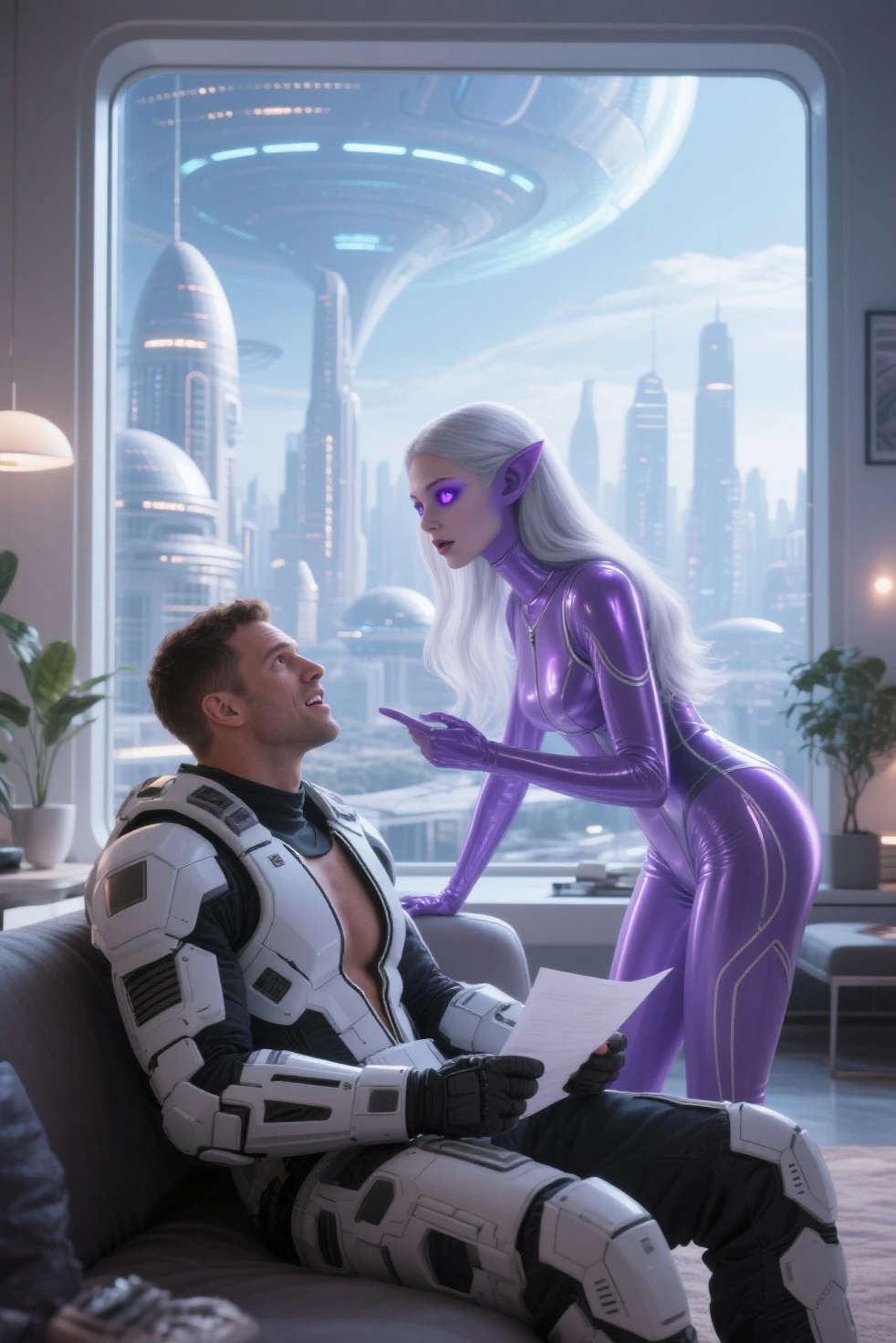 female robot, holds a male person from behind ( signs of male ???)
