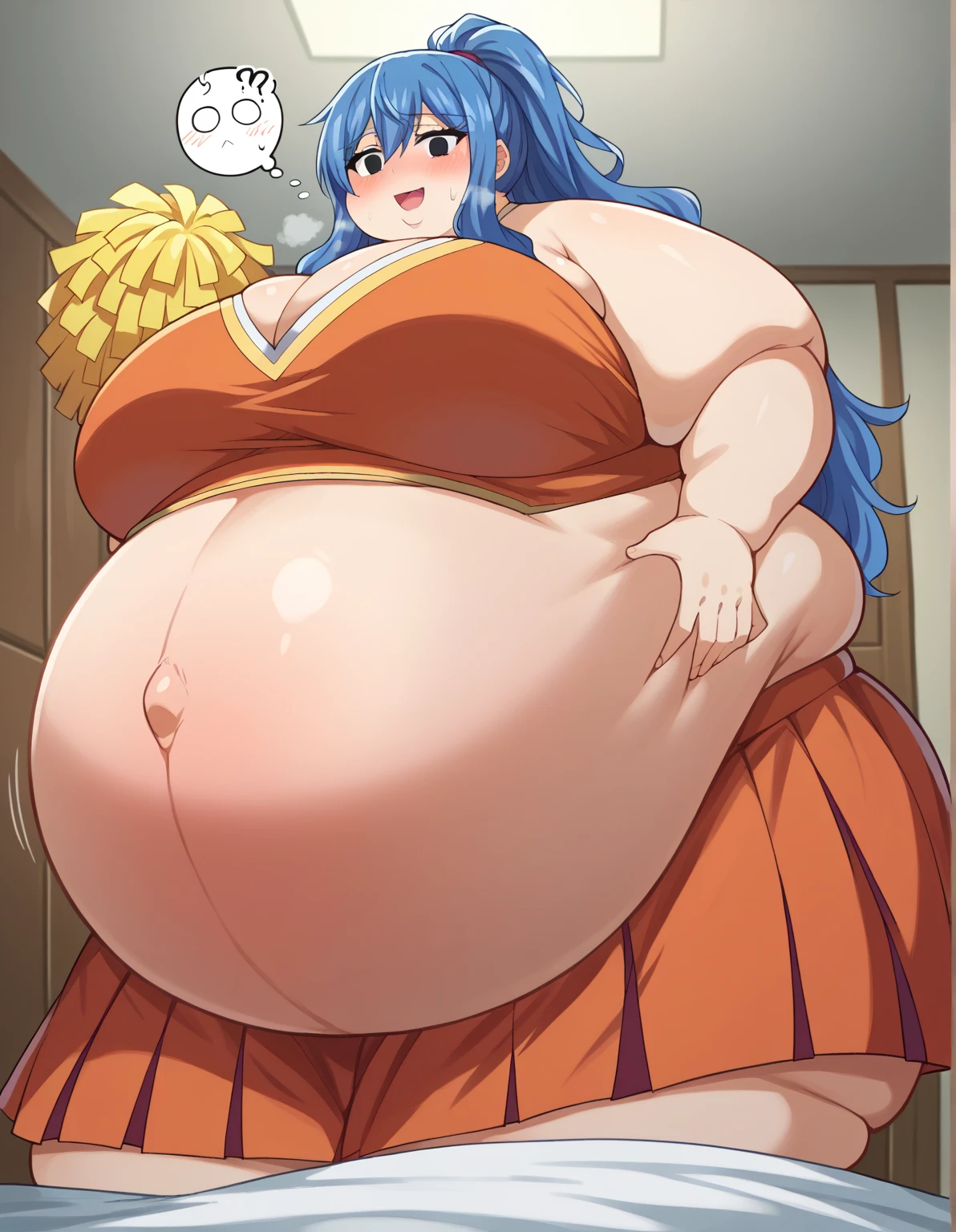 fat, Juvia, chubby, overweight, big belly, vert fat in the stomach area, fat belly, pregnant body, fat, eating -cream, table full of dessert