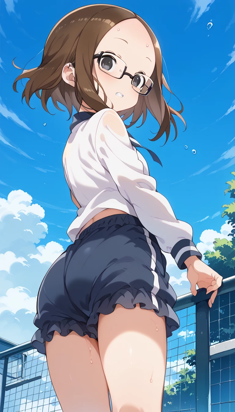 (Highest qualityのイラスト:1.2), (pretty girl:1.1), (1 girl、17 years old、Highest qualityのイラスト:1.2), (1 girl、smile、Small breasts、blue eyes)、 Brown Hair、short hair、Wavy Hair、Curly Hair、Low Twintails、(Highest quality、Very detailed、Very detailed and beautiful、Ultra-high resolution) 、,{white business shirt:1.2、Short sleeve、Long pleated skirt in grey、Long pleated skirt、}、Outdoor、summer、blue sky、Small breasts、Thin thighs、from behind, hip focus