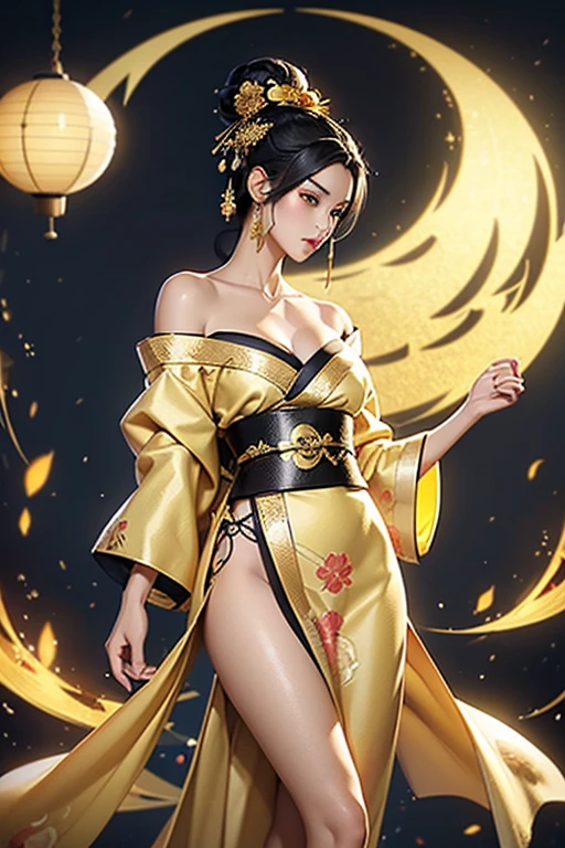gorgeous oriental woman, black hair in an elaborate hairstyle, elegant embroidered kimono, sakura flower embroidery, gold details, full body shot, cleavage, bare shoulders, standing, large breasts, alchemist, strapless dress, vials
, potions, updo, blank background, white background, lulu, ffx